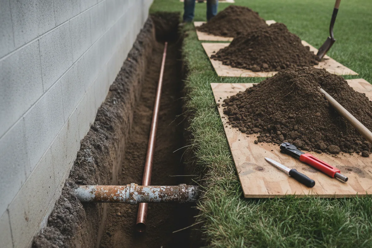Excavated water line trench during Water Softener Installation in Whitmer